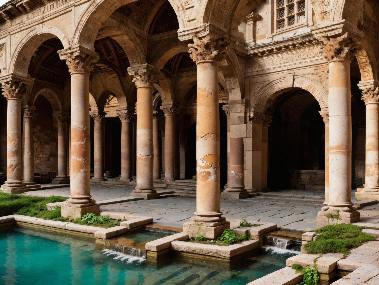 Ancient Roman Bath Ruins with Stone Arches and Pool, hot springs roman baths photo