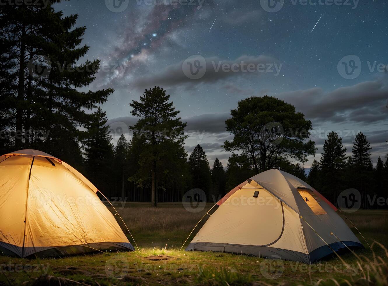 Tranquil Night Camp Scene in Remote Forest Meadow photo