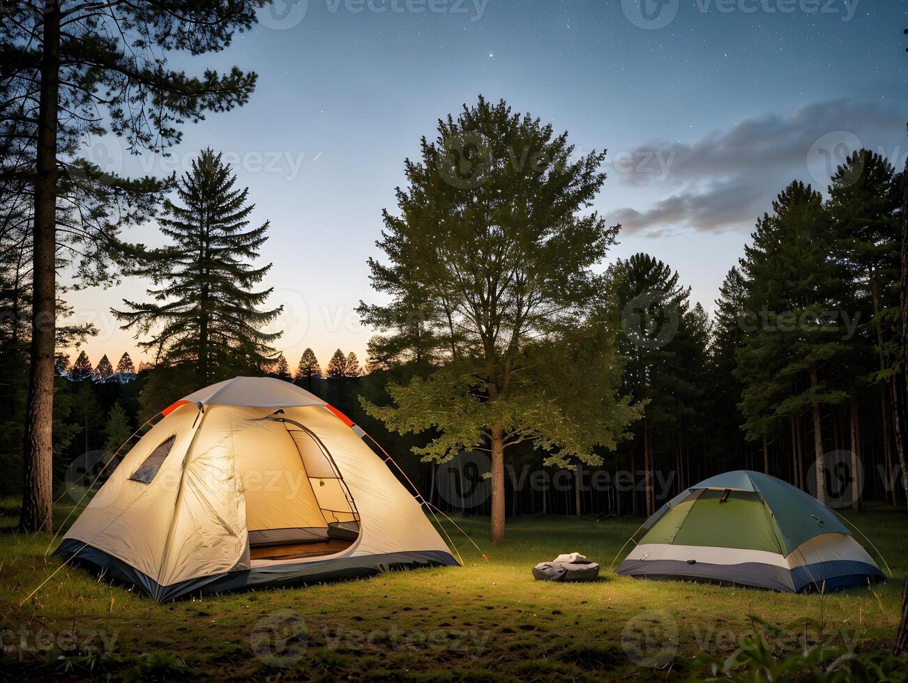 Forest Campground with Tent and Evening Sunlight photo