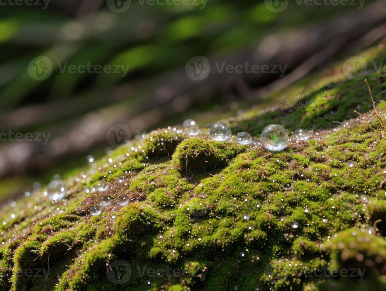 Macro Shot of Dew-Covered Fern on Mossy Rock in Forest photo
