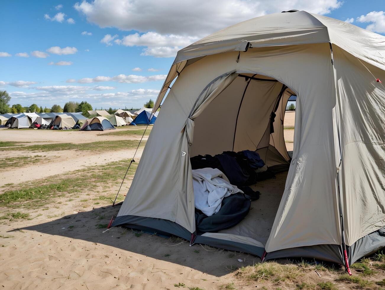 Large Refugee Camp with Open Tent in Daylight under Blue Sky photo