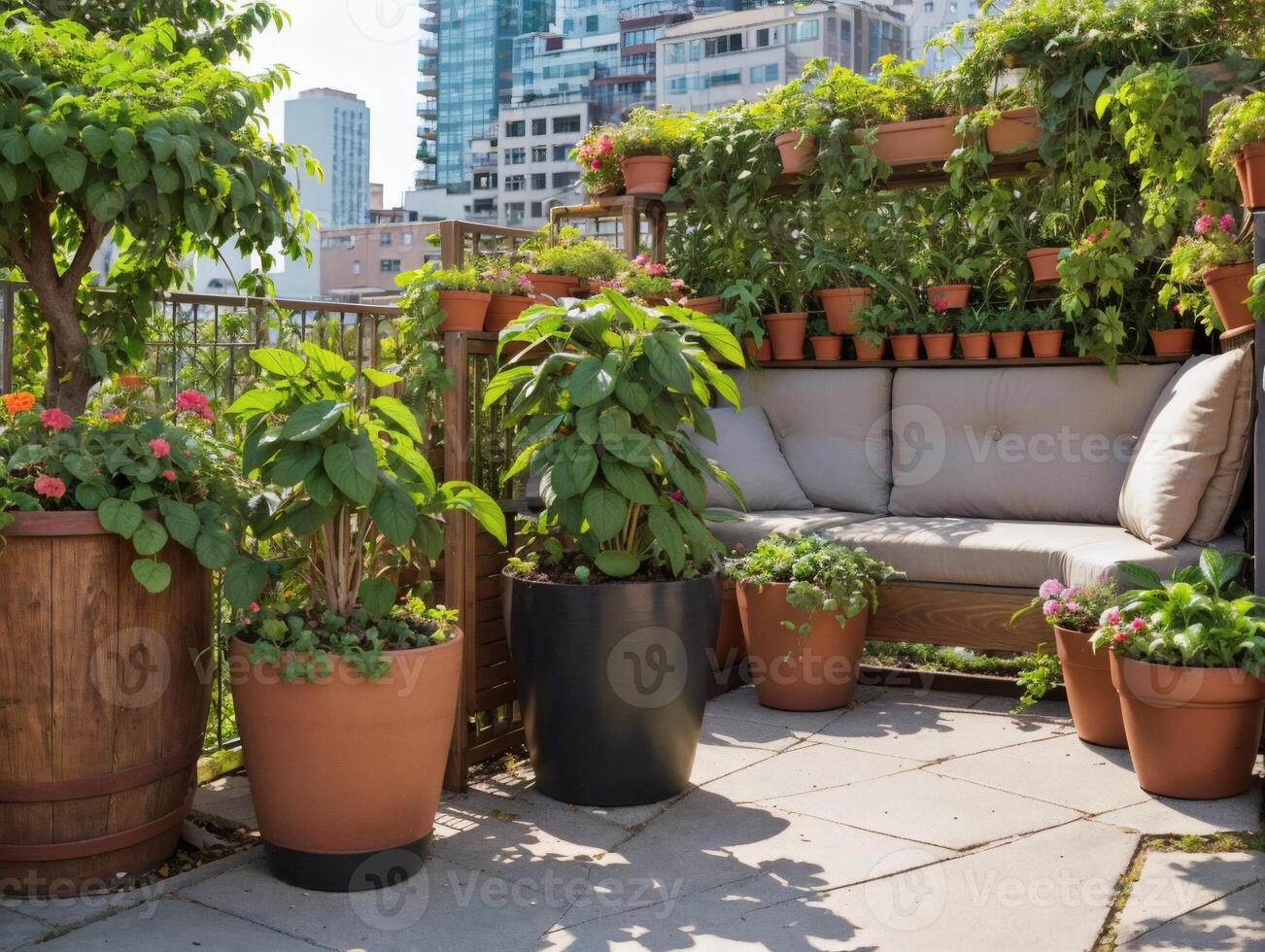 Outdoor Garden Corner with Climbing Plants and Flowers photo