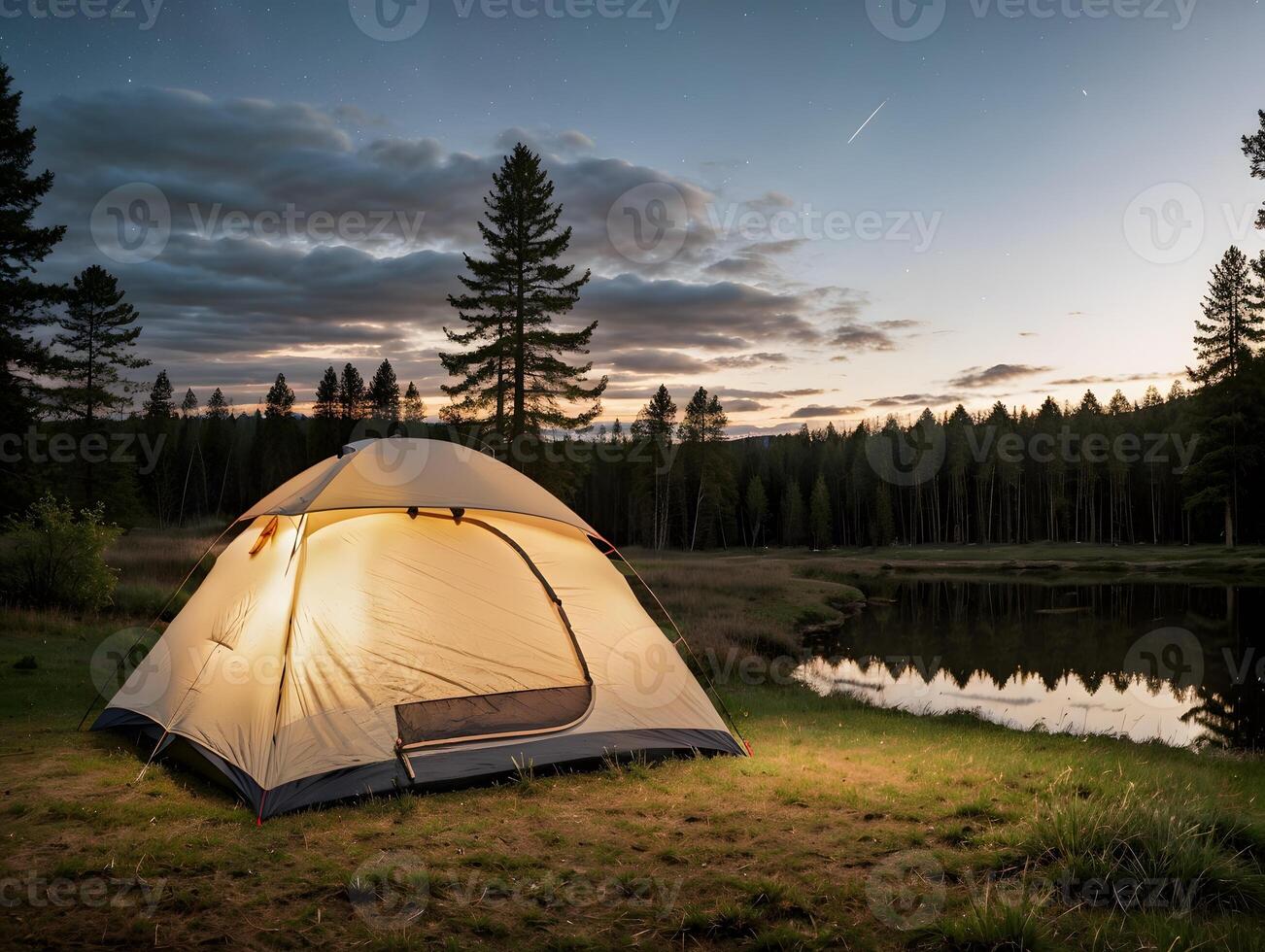 Awesome Starry Night Camping with Illuminated Tents in Forest photo
