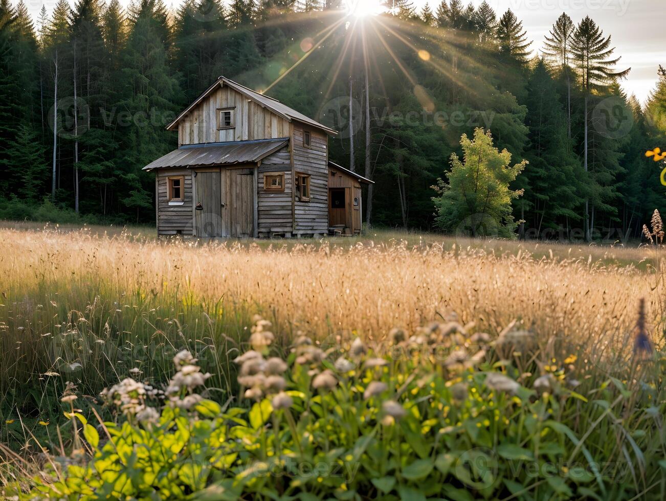 Cozy Log Cabin in the Forest at Sunset photo