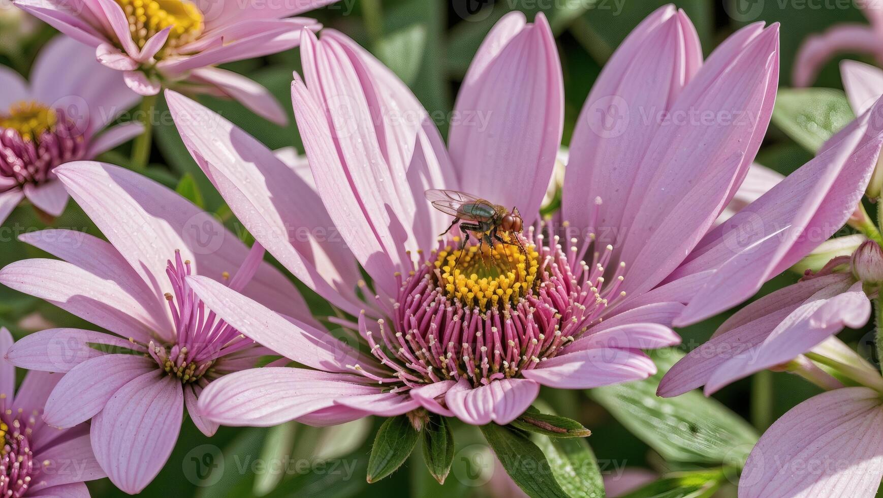 A bee is sitting on a pink flower photo