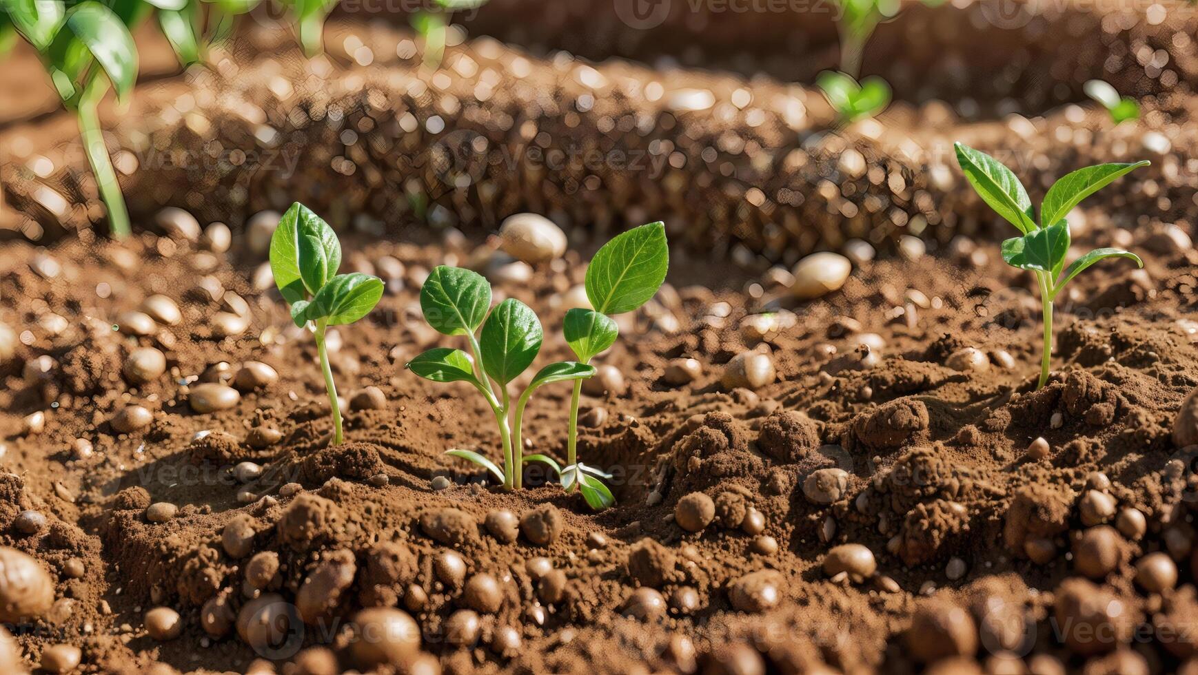 A field of young plants growing in the dirt photo