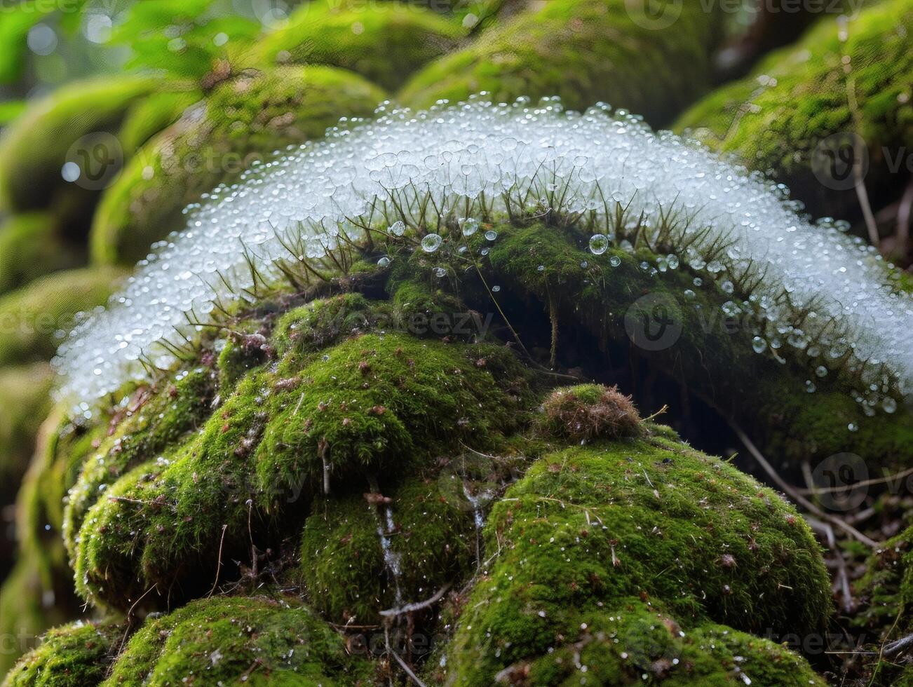 Creative Macro Scene of Leaf and Raindrops in Woods photo