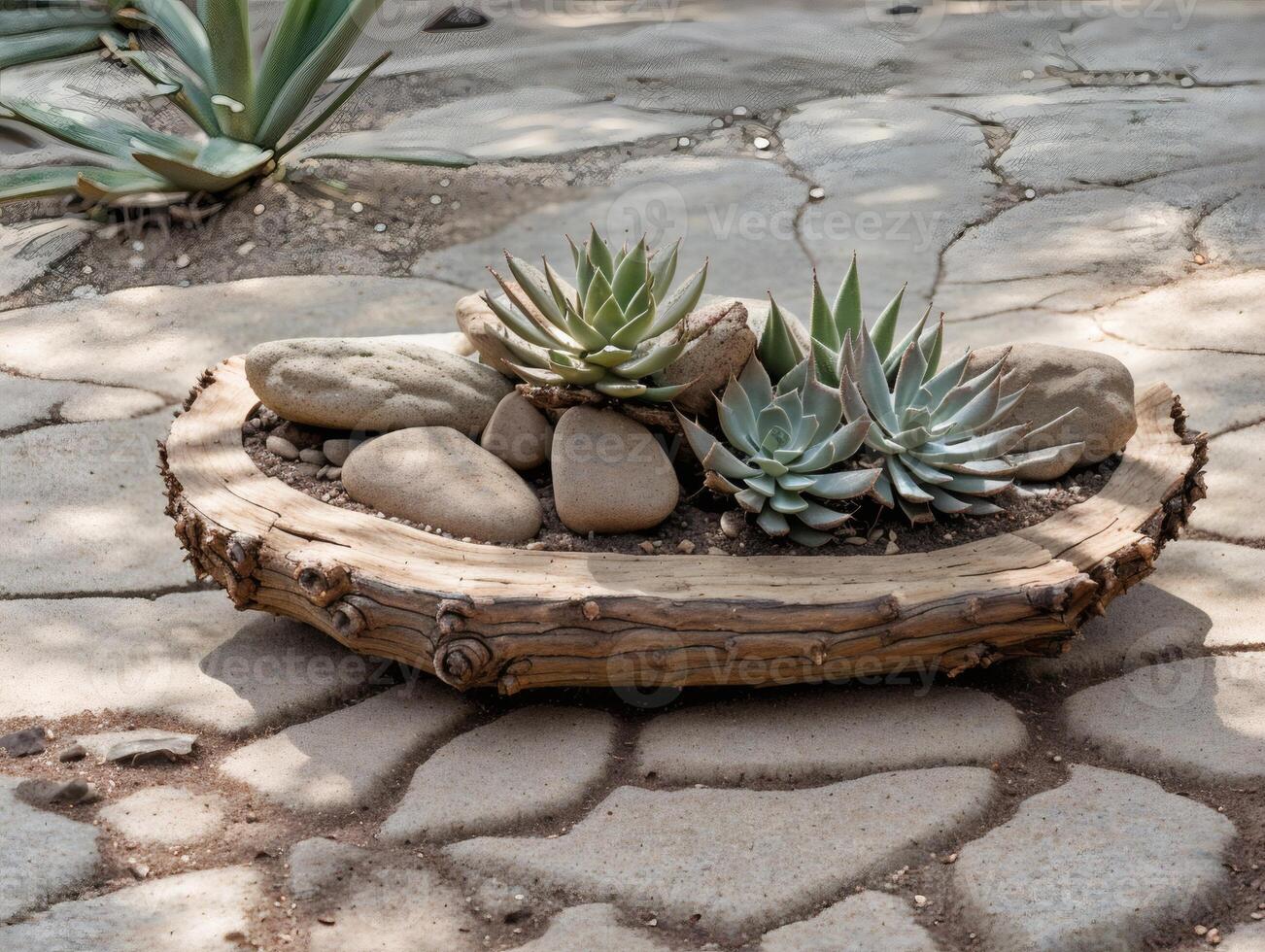 Succulent Garden in Rustic Log Planter Indoors photo