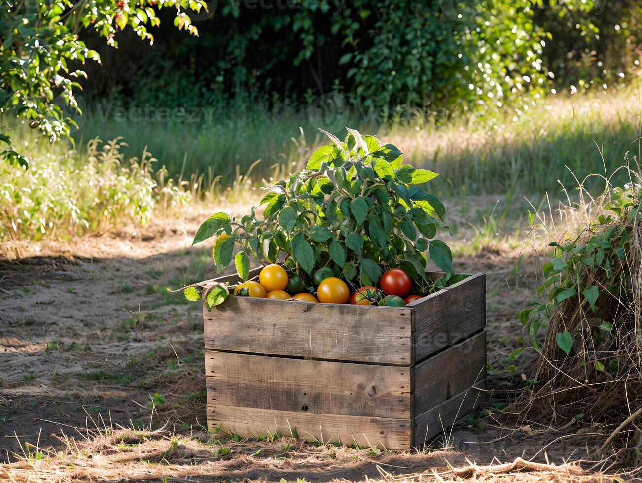 A wooden box with tomatoes and peppers in it photo