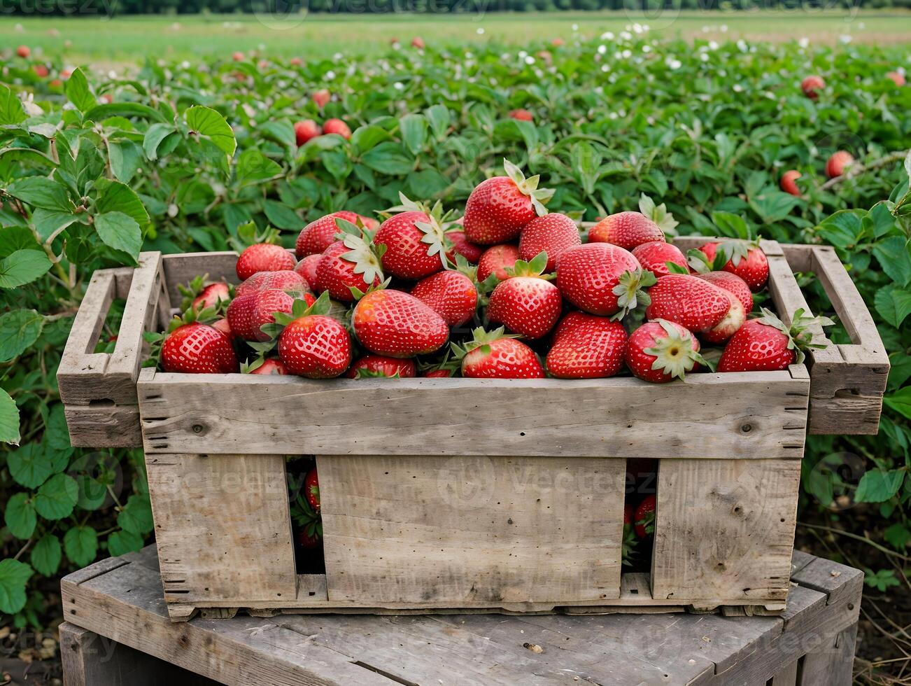 Ripe Red Strawberries in a Crate on Harvest Day photo