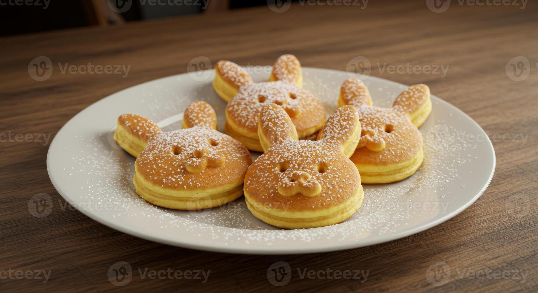 Festive bunny pancakes adorned with icing sugar on a rustic wooden table photo