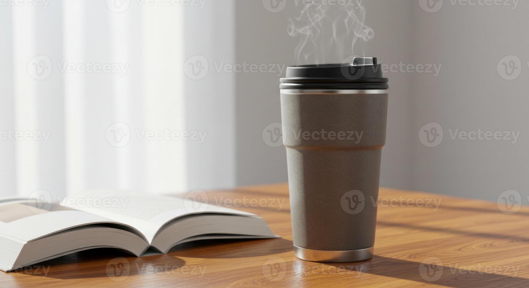 Cozy reading corner with steaming coffee cup on a wooden table surface photo