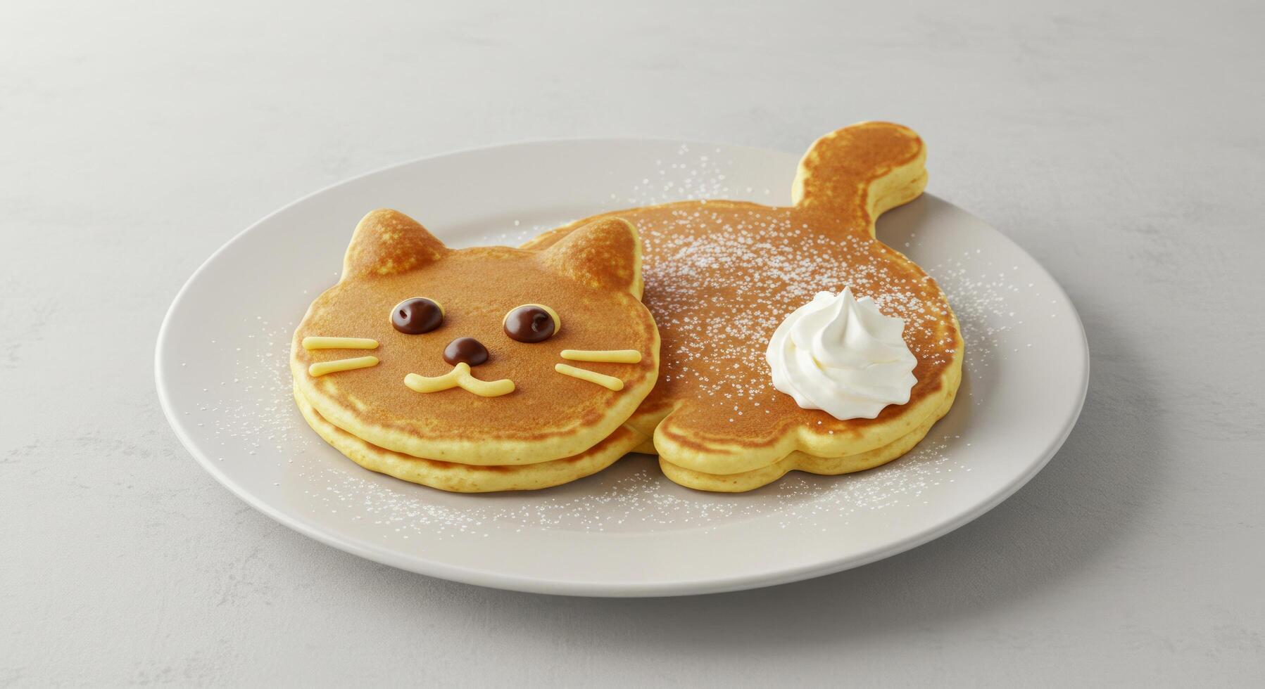 Whimsical feline pancake creation presented on a white plate surface photo