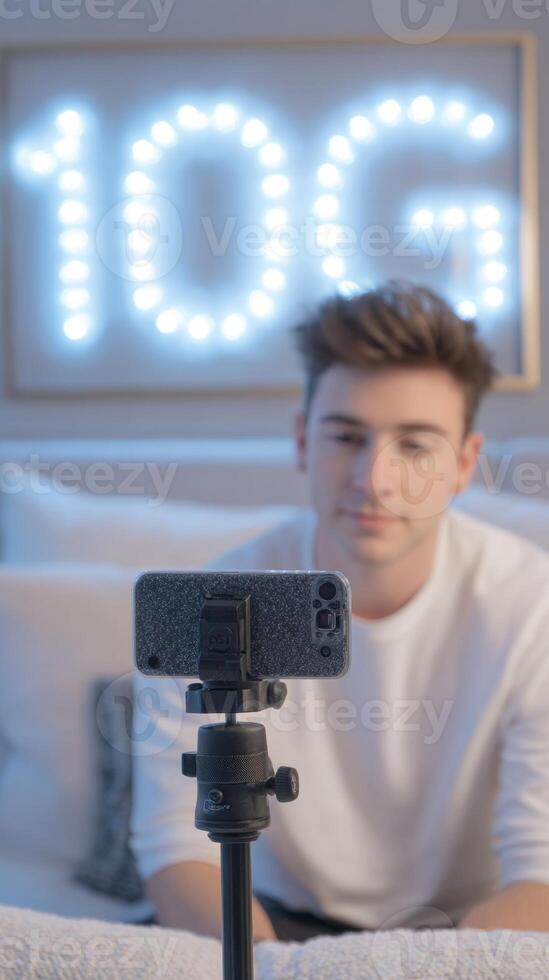 Tech influencer records engaging content on high-speed internet capabilities in a stylish room photo
