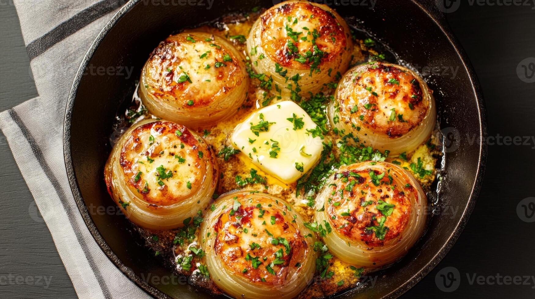 Baked onions are skillfully crafted in a cast-iron skillet, showcasing melting butter and vibrant herbs photo