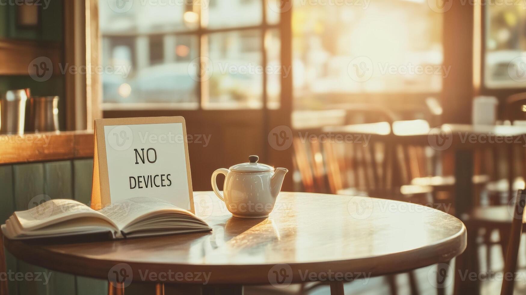 A cozy cafe invites relaxation with a 'No Devices' sign, a teapot, and an open book for patrons to enjoy photo