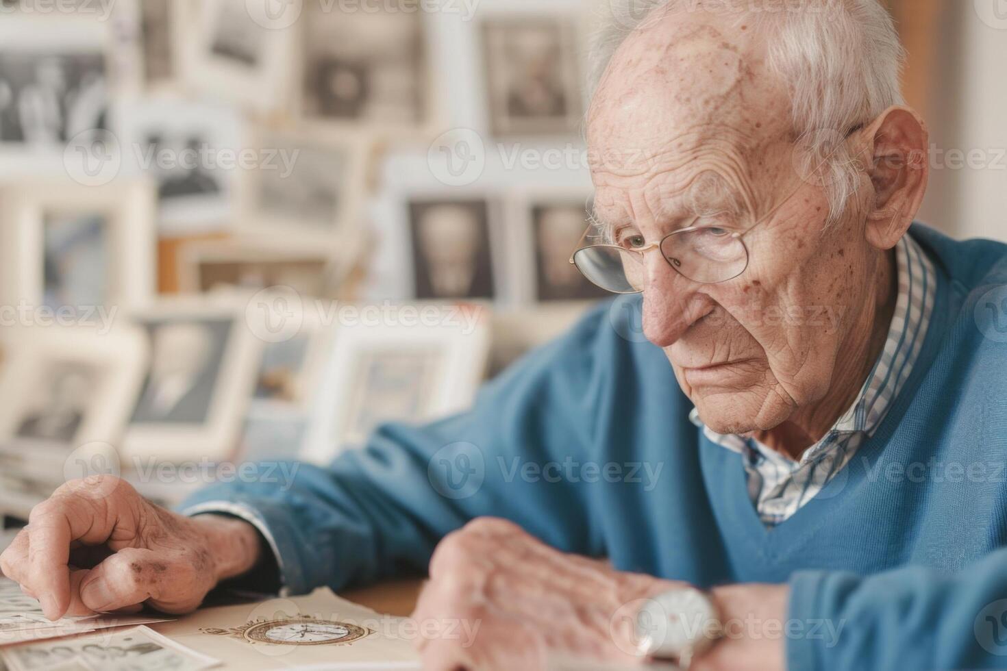 Elderly man examining old photographs in a home photo