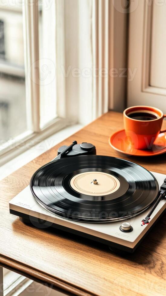 A cozy hotel room with a record player and coffee on a table sets a peaceful vibe photo