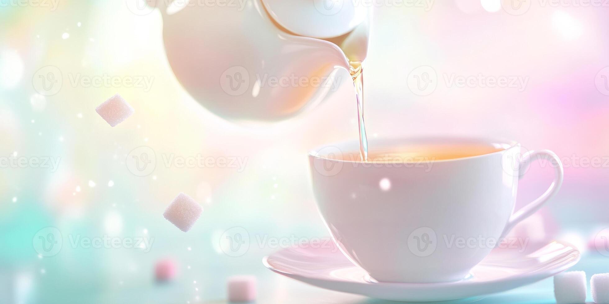 Teapot pours tea into a cup as sugar cubes float above, showcasing playful defiance of gravity and physics photo