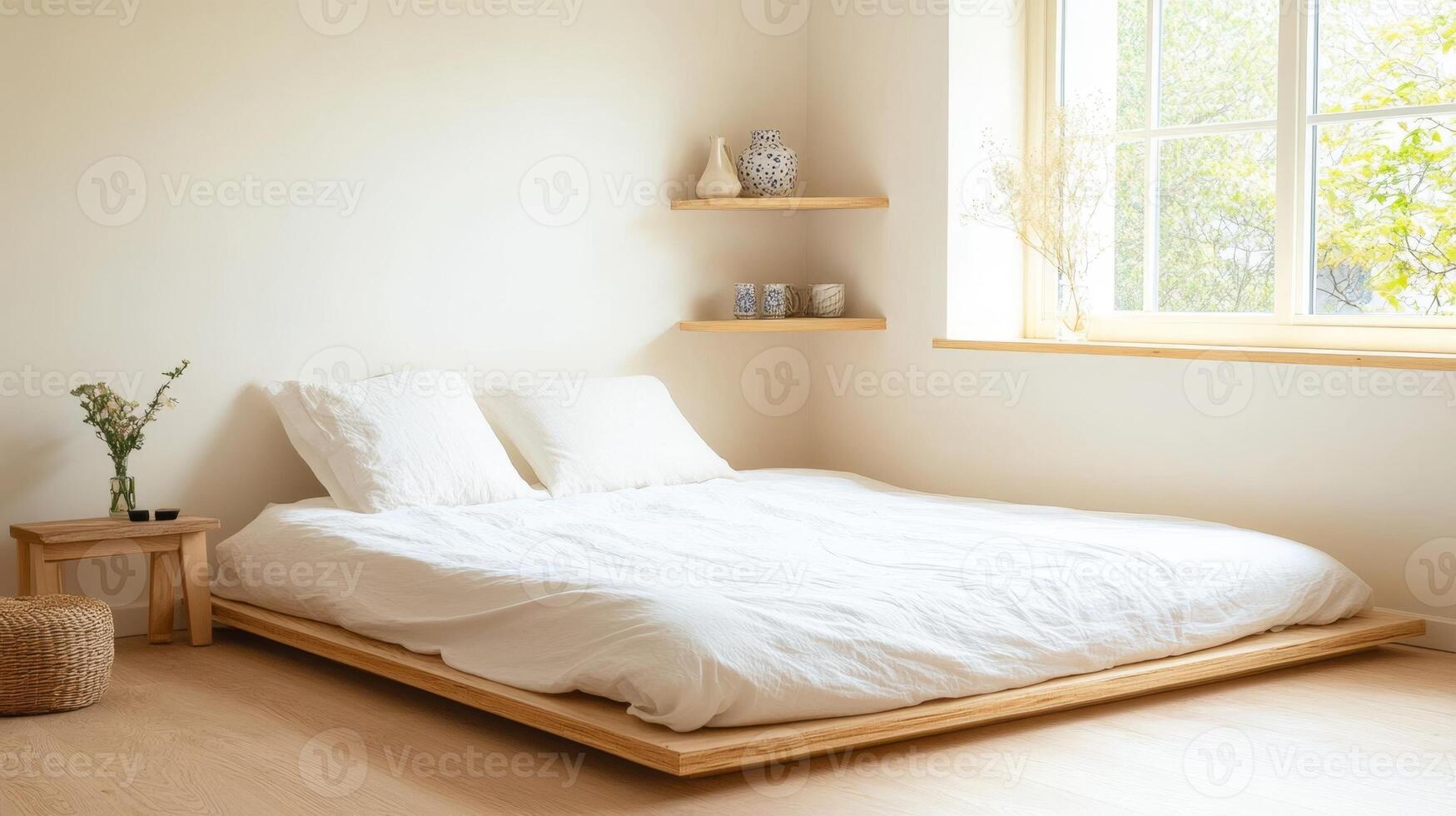 This minimalist bedroom showcases a low futon, wooden interior, and warm daylight that creates a tranquil retreat photo