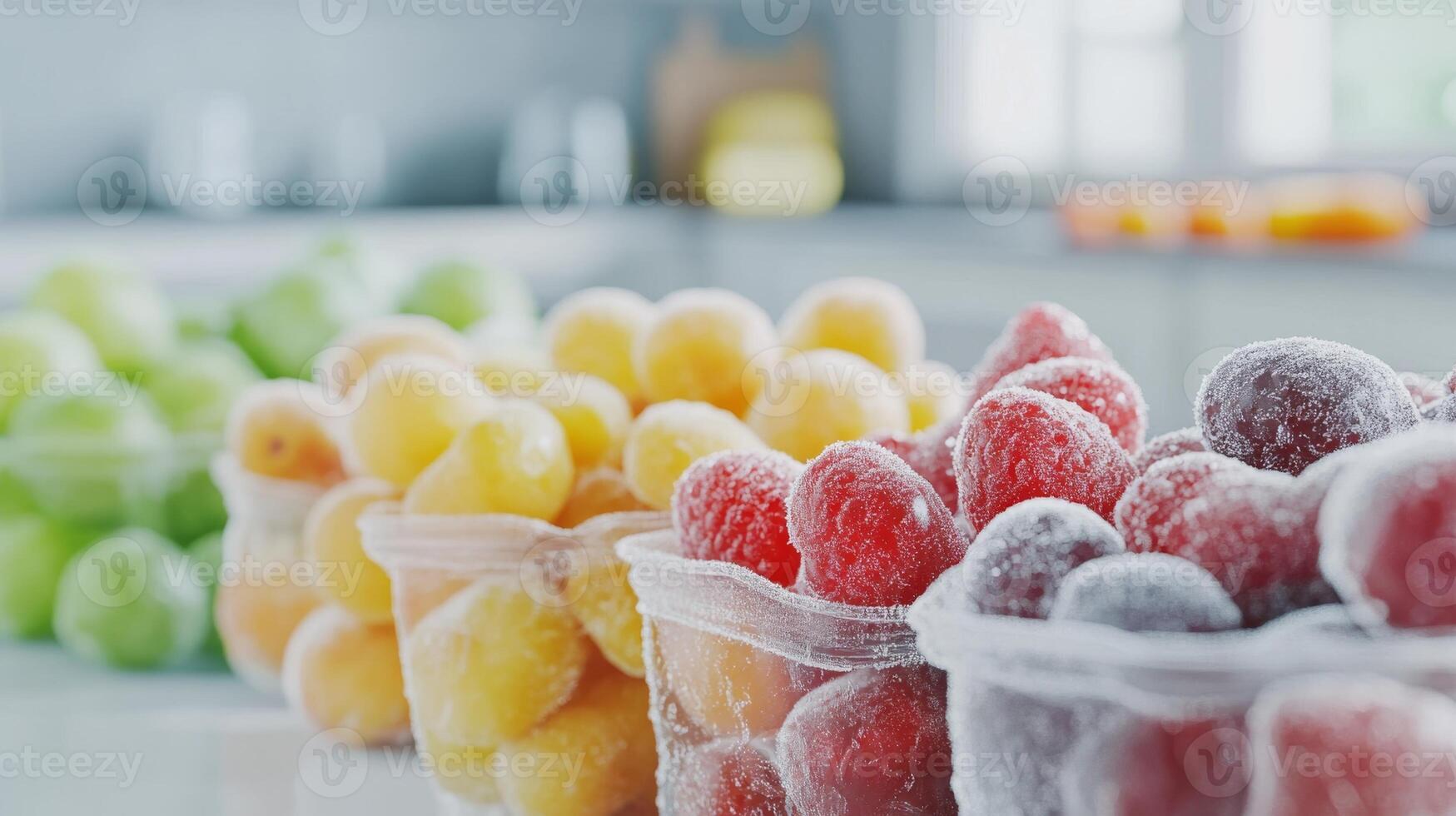 Colorful frozen fruits in zipper bags are displayed on a table in a bright kitchen, showcasing their icy texture photo