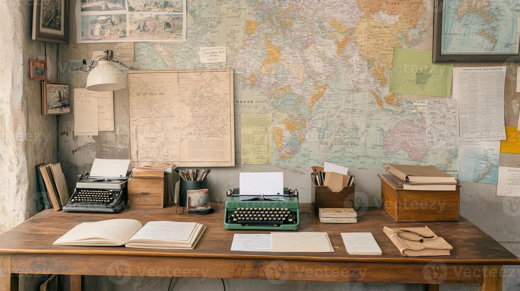 Writers engage with typewriters and vintage maps in a tranquil setting promoting creativity and mindfulness photo