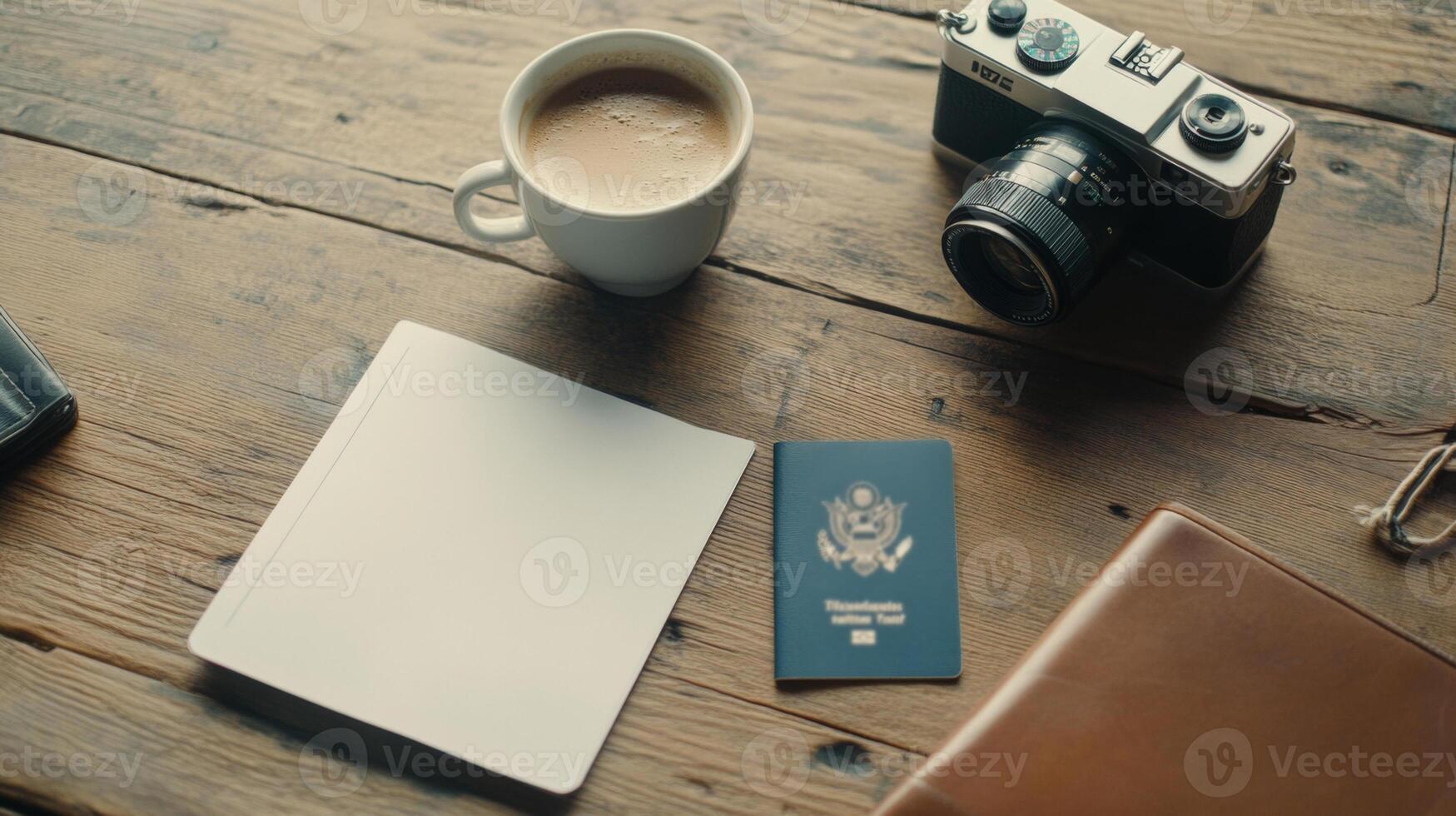 A cozy desk filled with a passport, travel itinerary, camera, and steaming coffee ready for the trip ahead photo