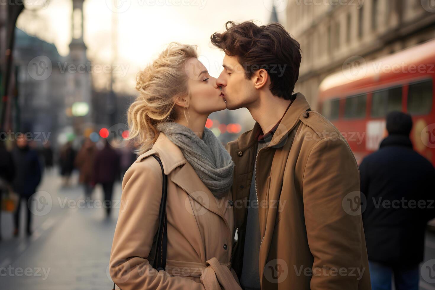 A young couple kissing in profile face to face on the street of the European city photo