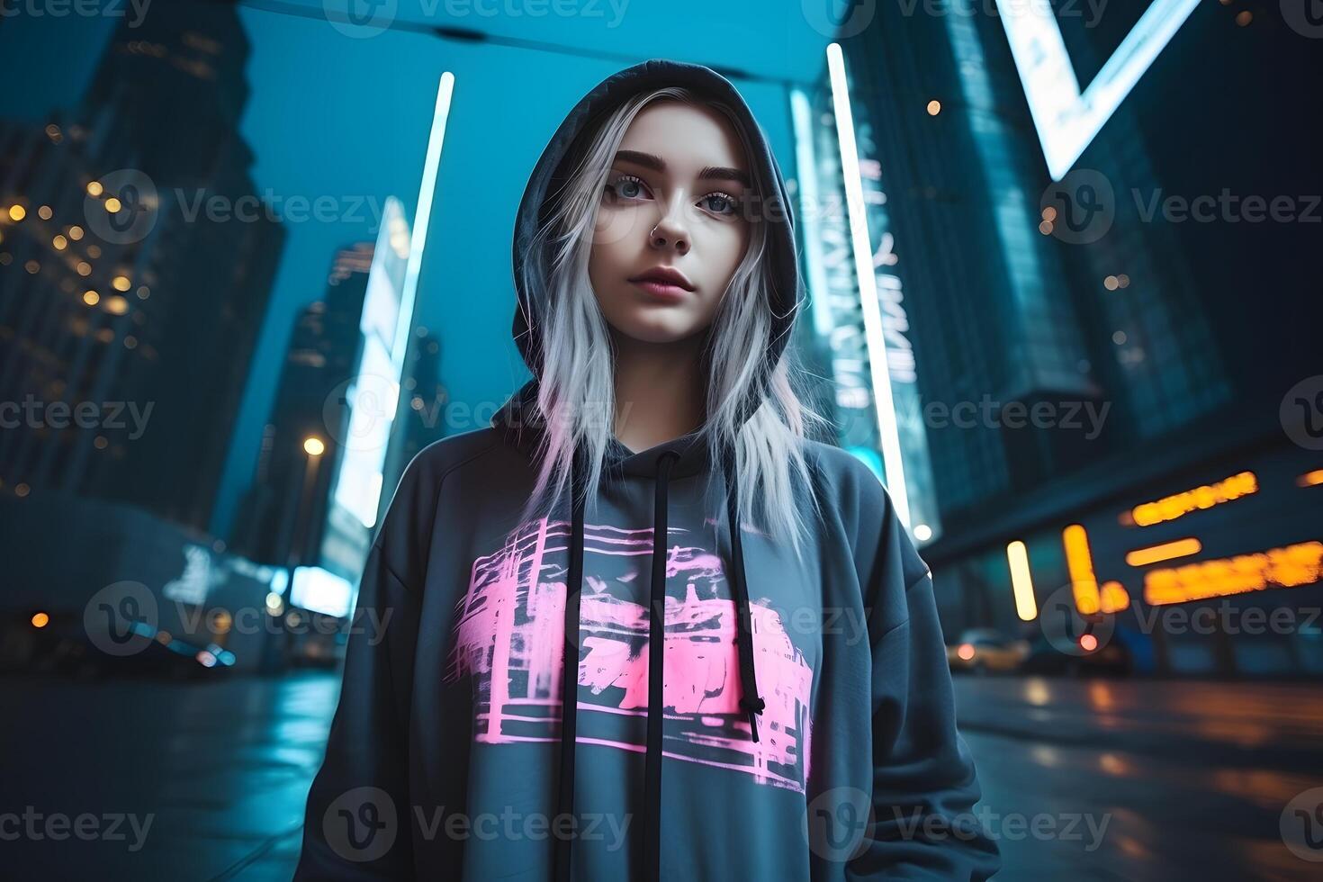 A young girl looking at camera in the evening city illuminated by neon light photo