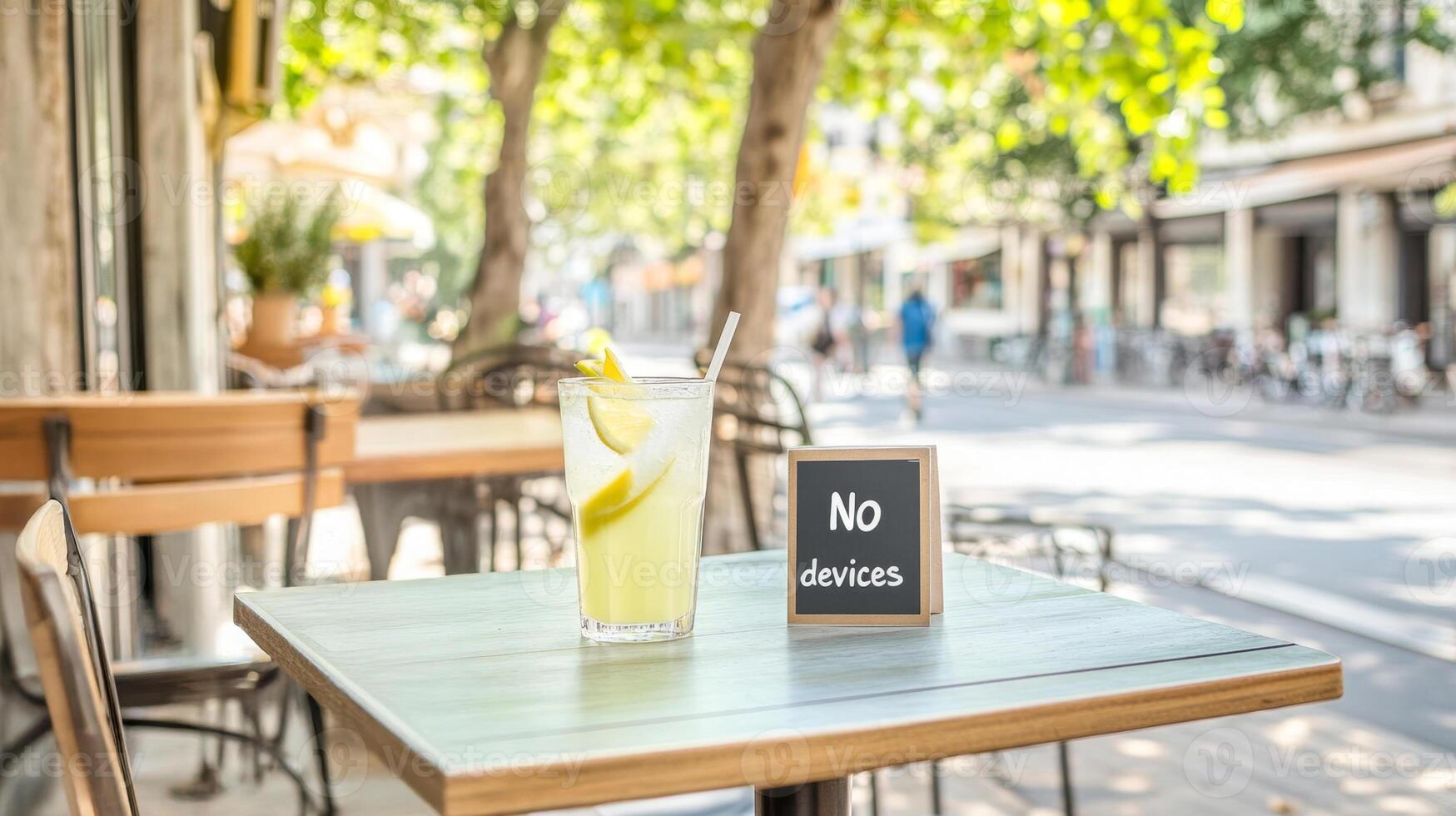 Sitting at an outdoor cafe table, sipping lemonade and enjoying snacks while embracing a device-free environment photo