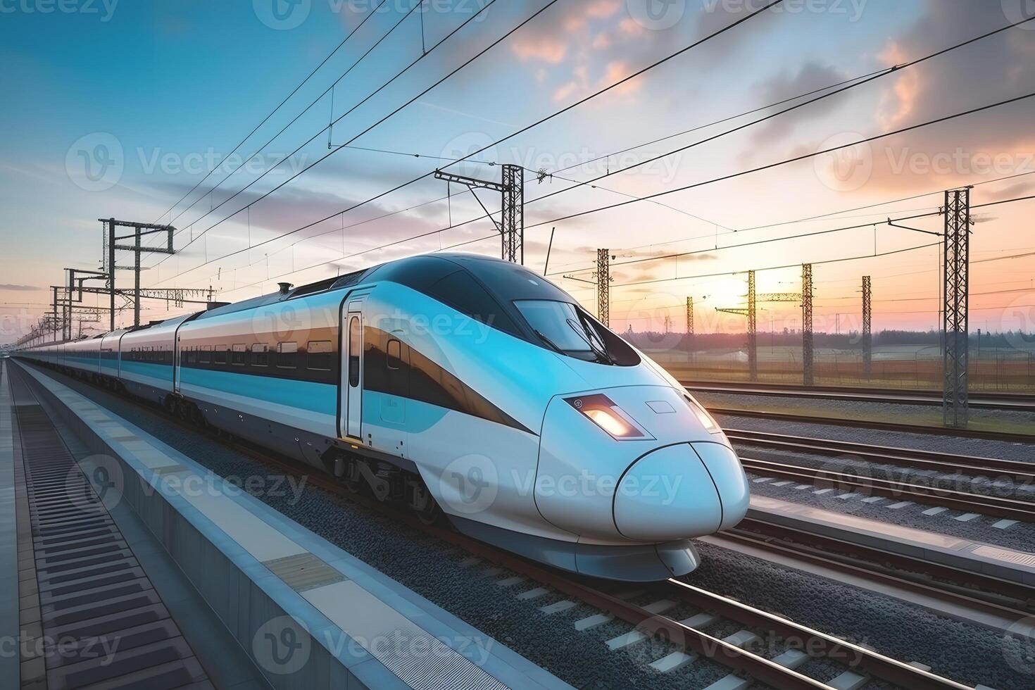 A modern train moving in the early morning photo