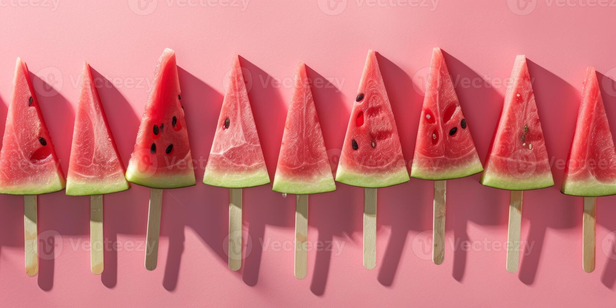 Watermelon slices on sticks like popsicles on pink background photo