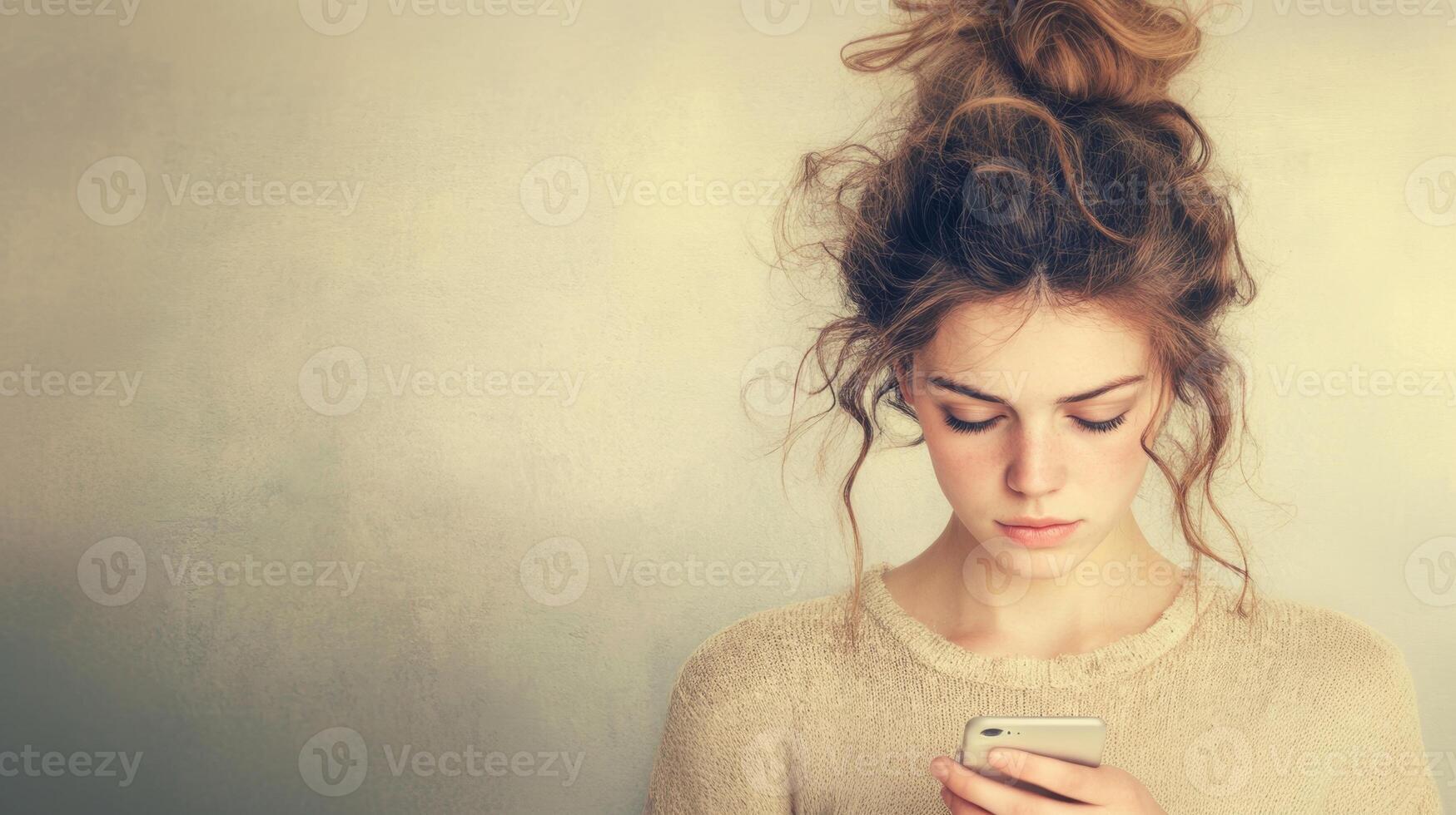 A woman stares intently at her phone, her expression reflecting the weight of digital fatigue and anxiety, digital burnout concept photo