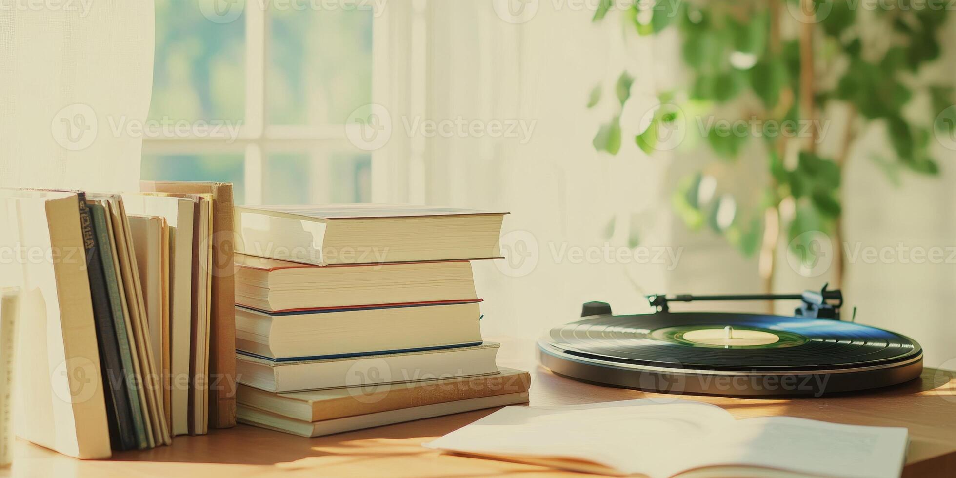 A traveler writes in a journal beside stacks of books and a record player in a serene hotel nook photo