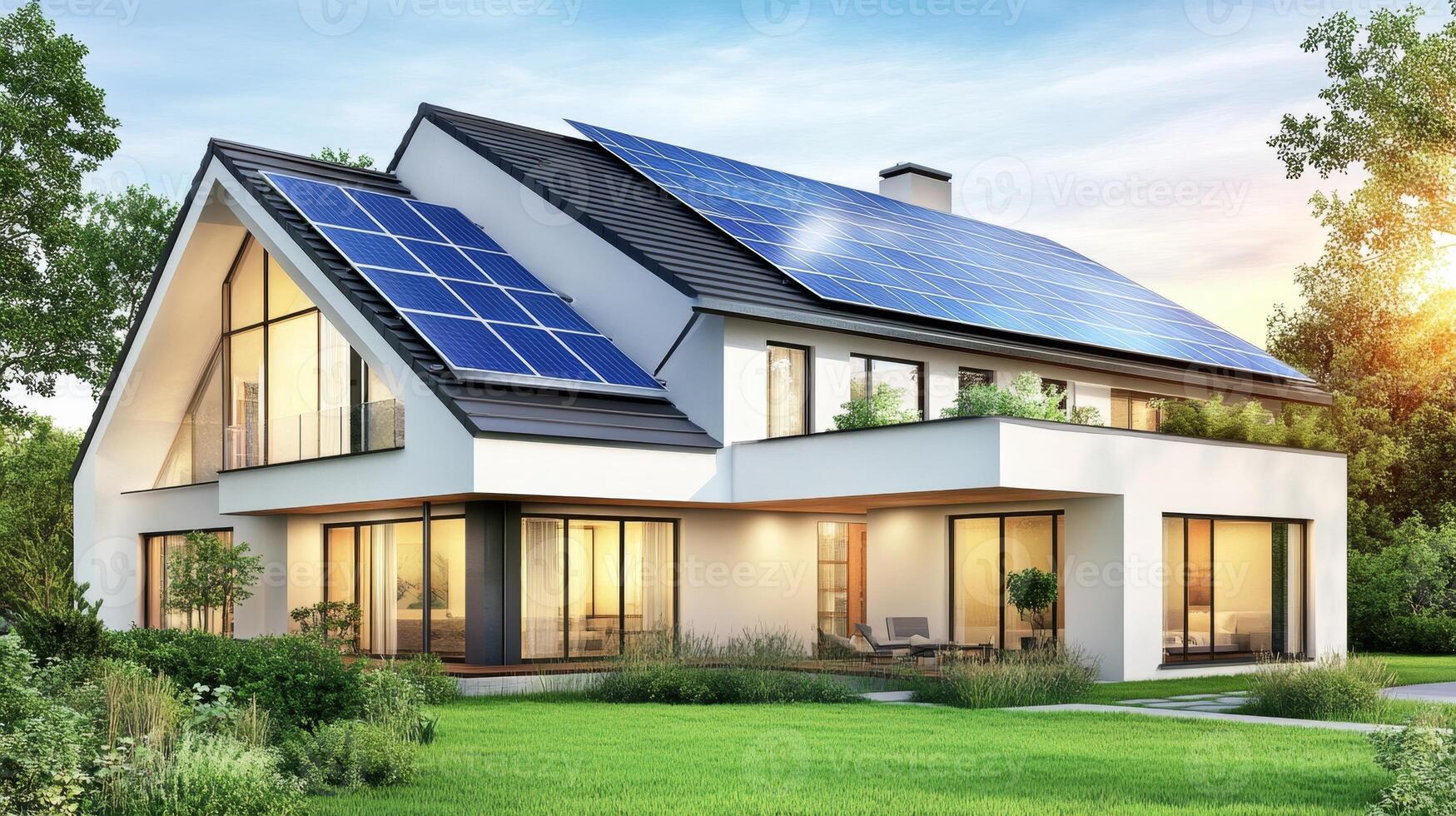 Eco-friendly home with sleek solar panels, vibrant colors, and a lush lawn for sustainable living photo