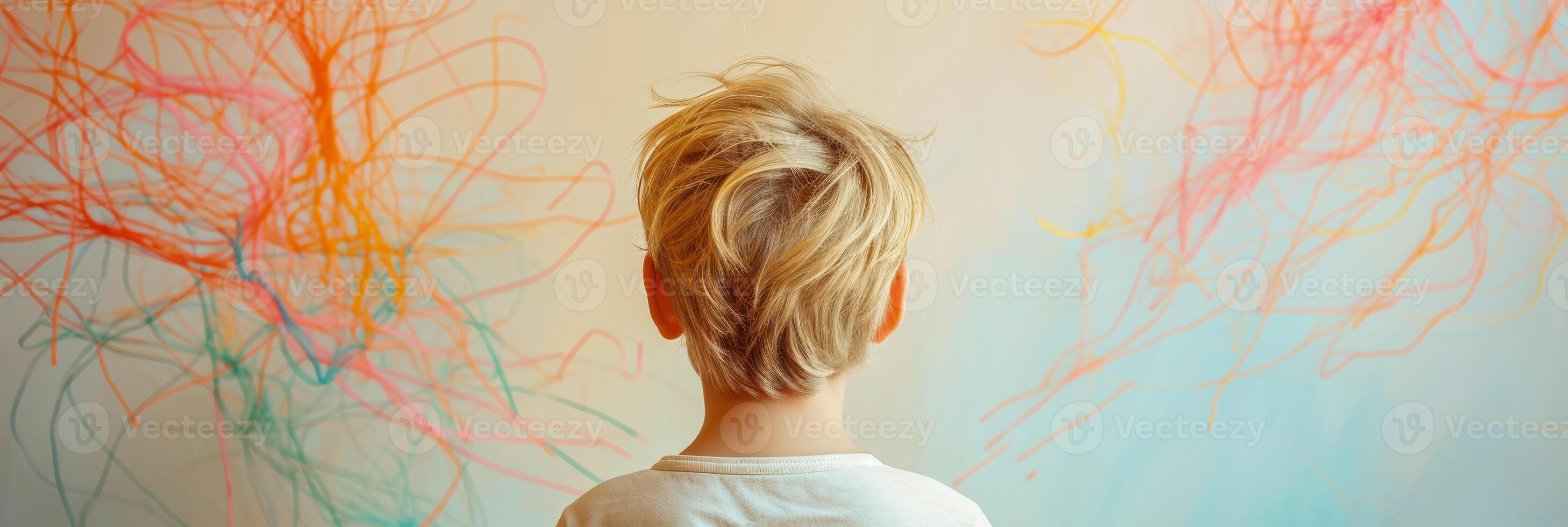 A boy standing with his back to us against a background with multi-colored lines photo