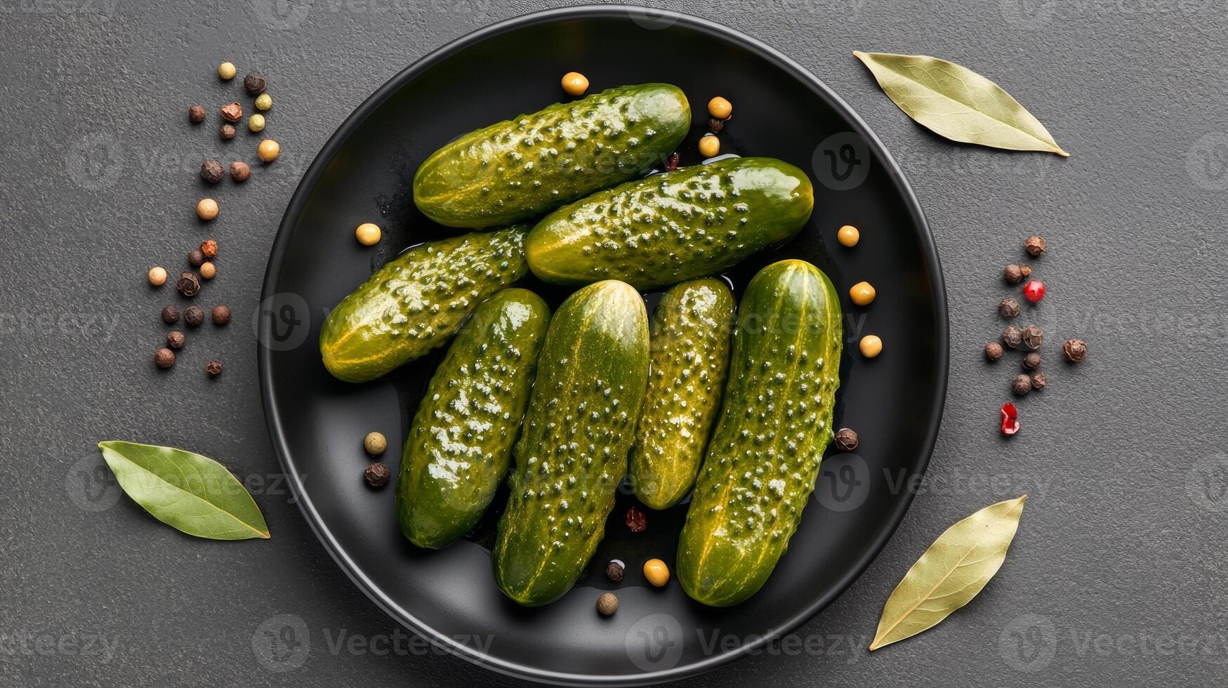 Whole pickled cucumbers glisten with brine and sit surrounded by spices on a dark plate, ideal for snacking photo