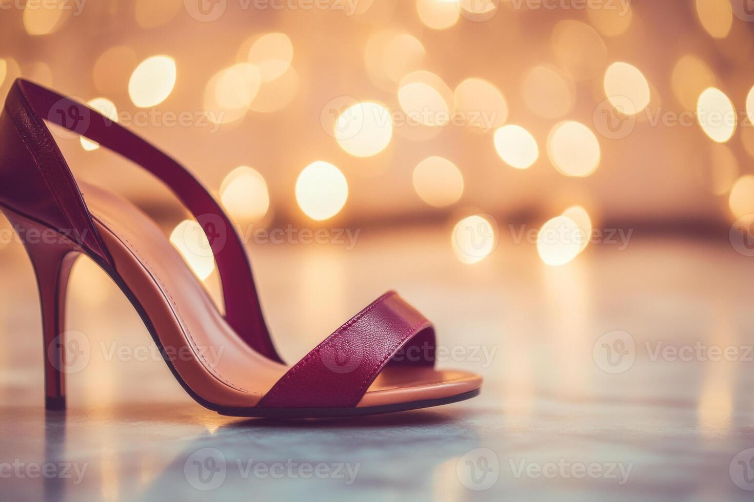 Dark cherry high-heeled sandals with intricate straps, set against a soft bokeh, exude retro glamour photo