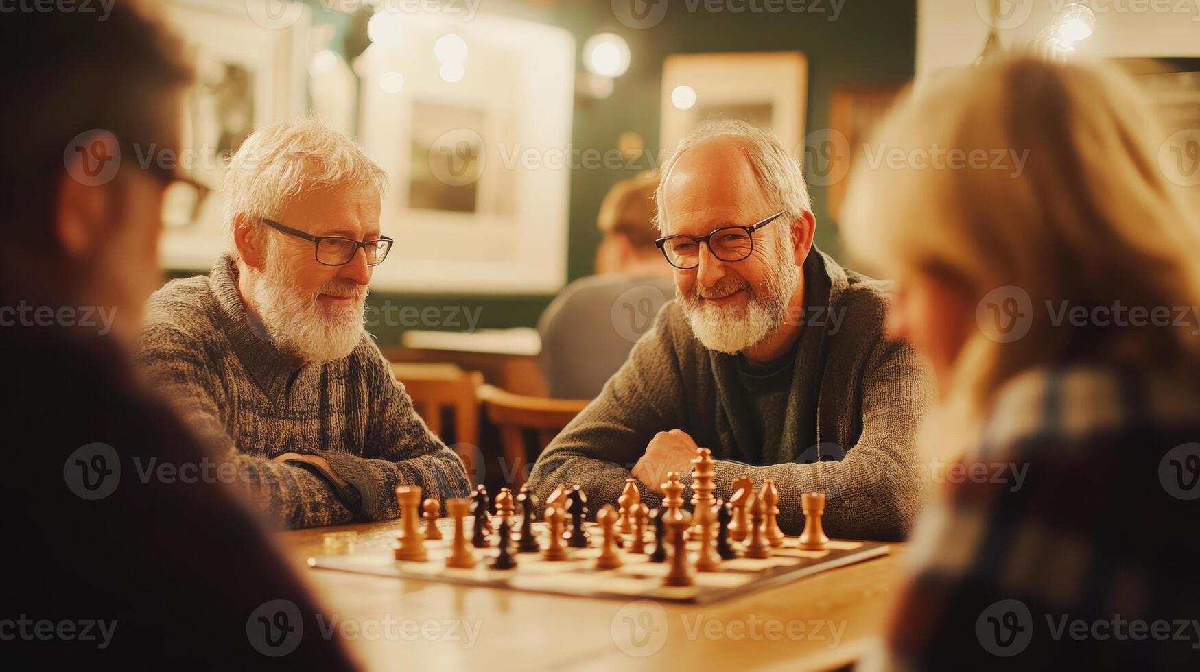 Friends gather for chess and storytelling in a serene countryside inn, embracing a screen-free evening photo