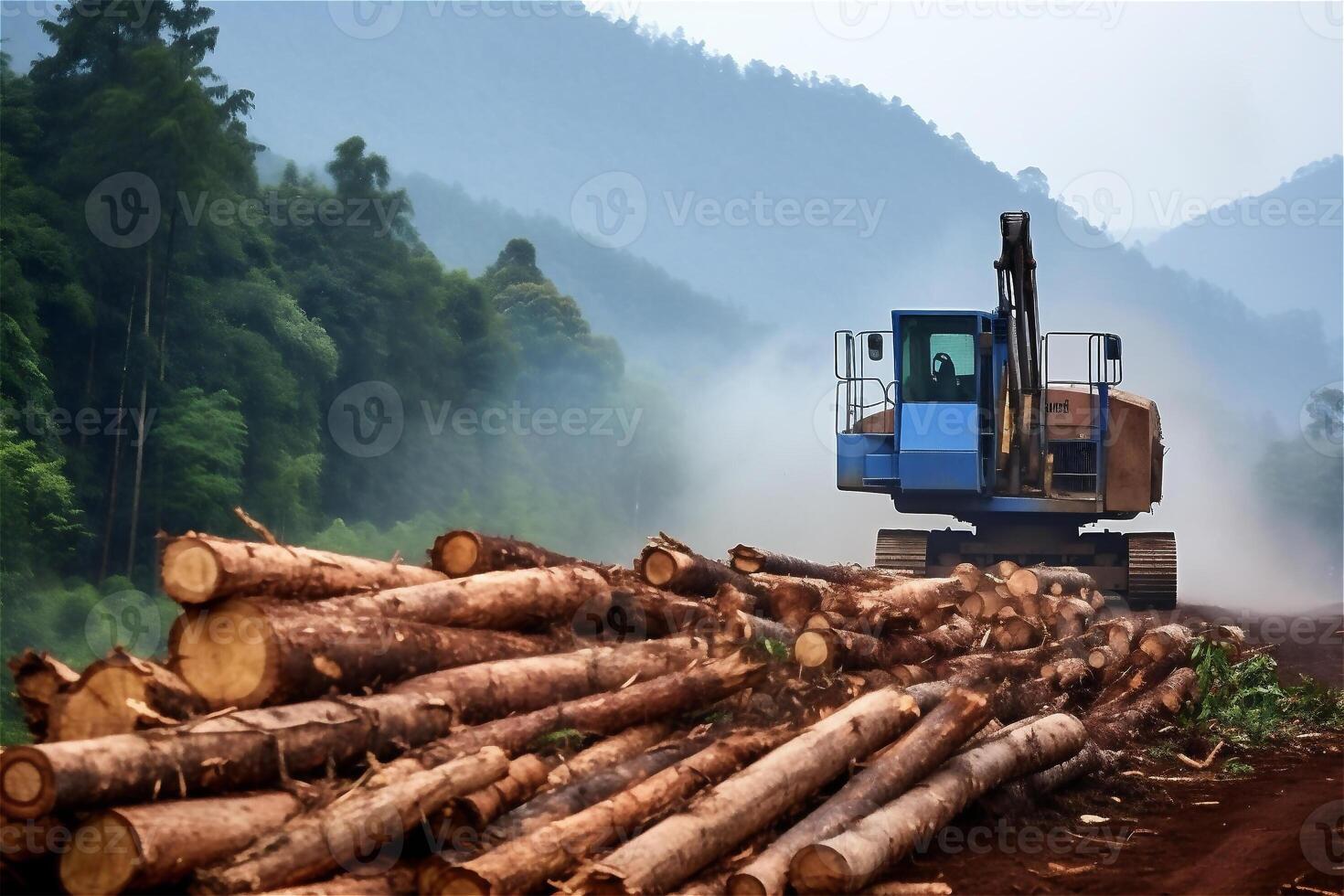 Deforestation in rural areas, destruction of forests with heavy machinery felling trees, timber harvesting. photo