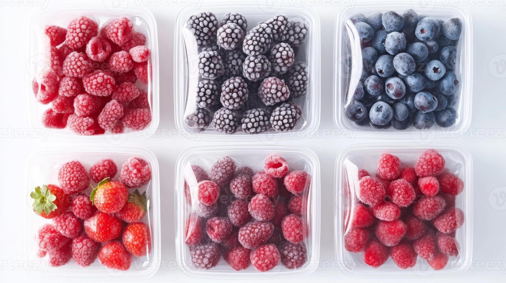 Freshly frozen berries and fruit pieces stored in zip-lock bags create a colorful display in a freezer drawer photo
