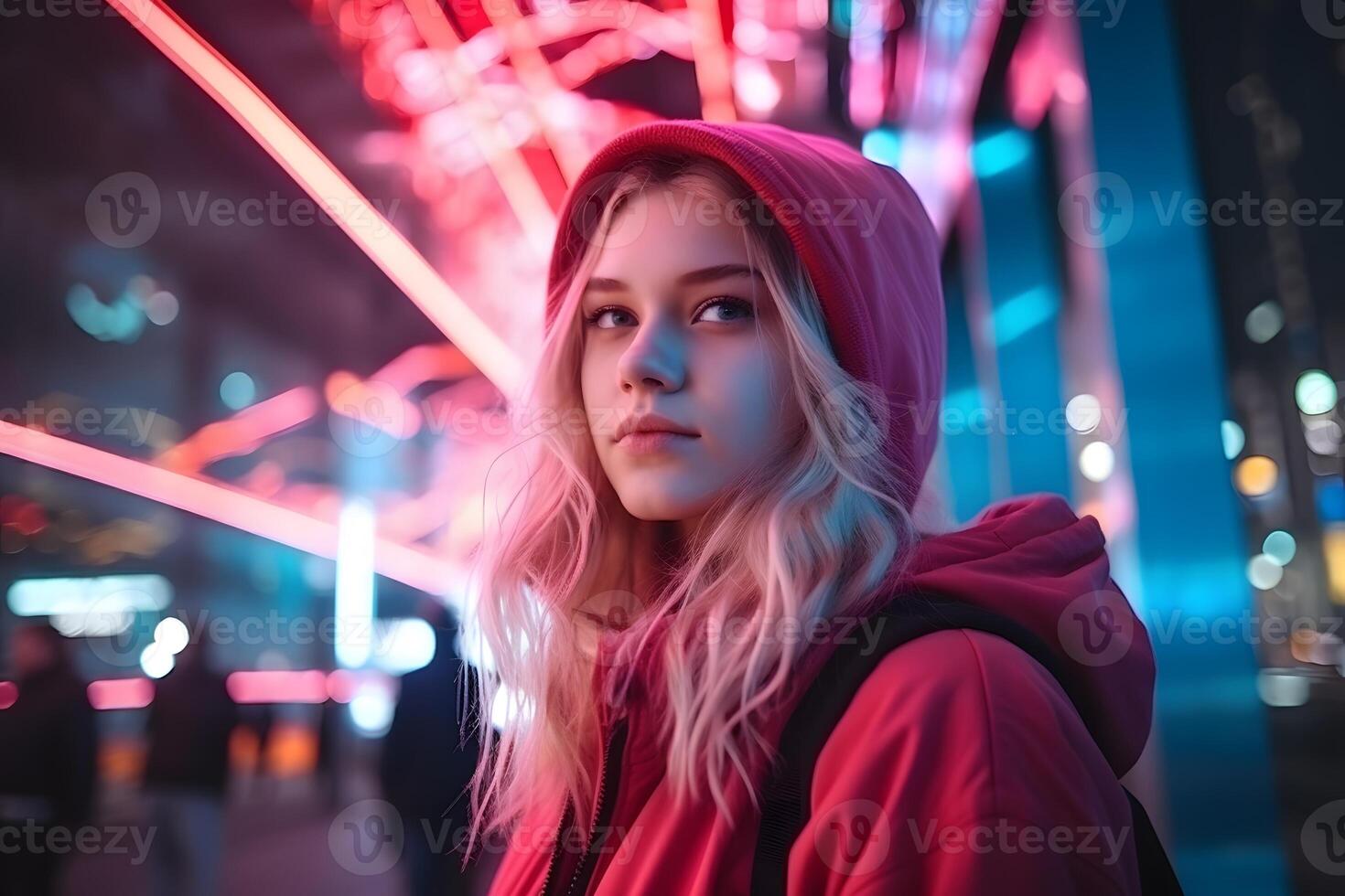 A young blonde girl in a red jacket with a hood and with a backpack on the street of the evening city illuminated by neon light photo