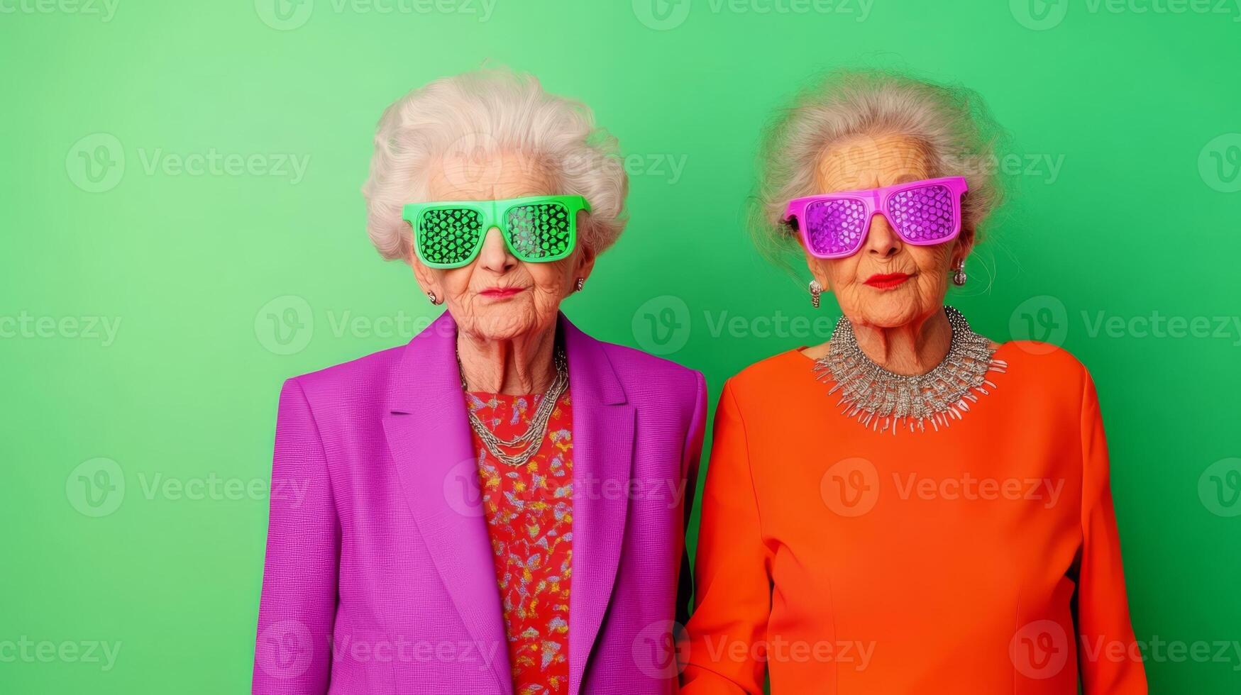 Two elderly women rock modern fashion with bold outfits and expressive faces, showcasing their unique styles photo
