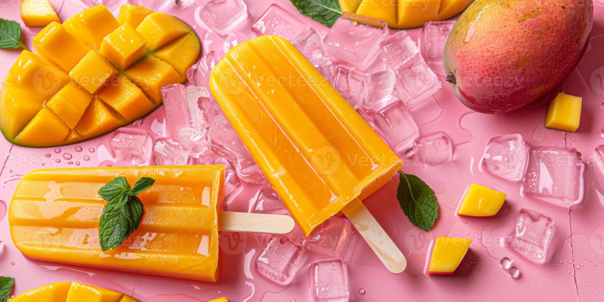Mango popsicles and mango on blue background photo