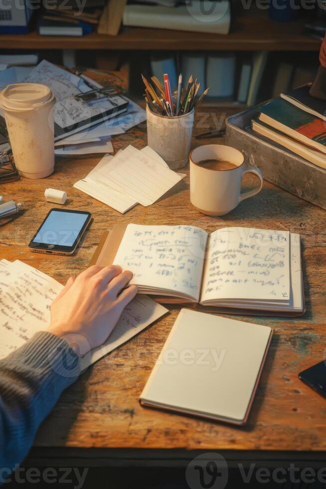 Frantic writing fills a notebook as tired hands massage temples amidst a cluttered desk photo