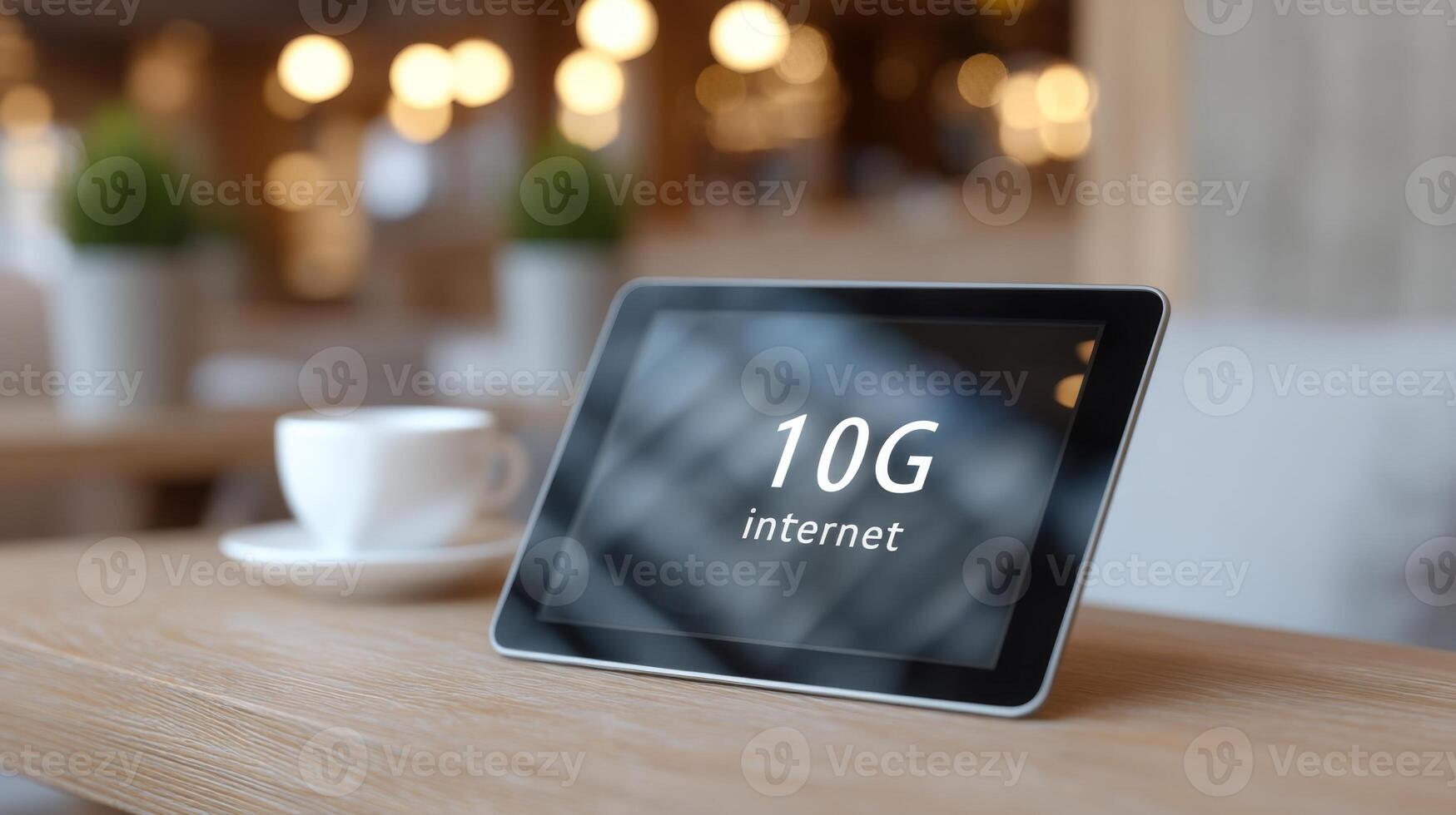 Tablet shows 10G internet test results in a cozy cafe with warm lighting and a coffee cup nearby photo