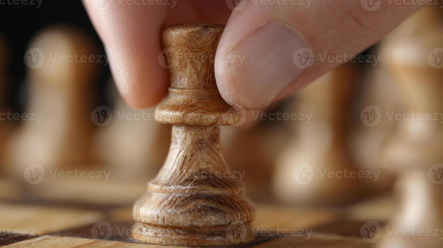 Fingers carefully move a carved chess piece on a traditional board, capturing a moment of strategic focus photo