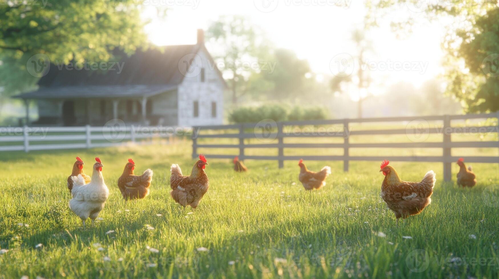 Chickens pecking grass by a farmhouse in golden hour create a peaceful vibe photo