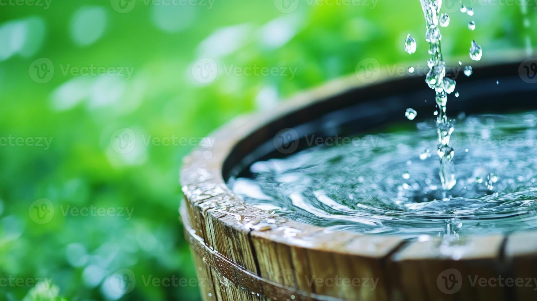 Rainwater harvesting system redirects water to a wooden barrel, enhancing a self-sufficient garden photo