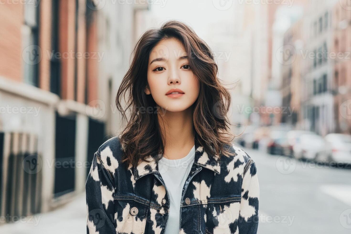 The woman exudes style as she poses in a trendy cow print jacket and jeans on a lively city street photo